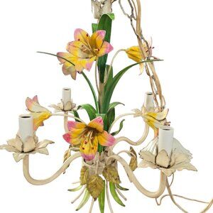 4 LIGHT VINTAGE TOLWARE ITALIAN ORANGE LILLIES CHANDELIER